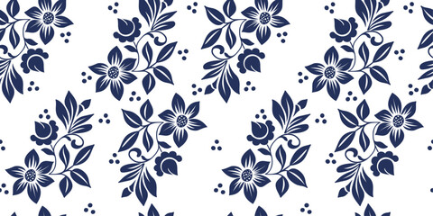 Aufkleber - Seamless pattern of flowers with petals. Blue flowers and white background, stylish simple pattern.