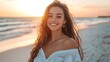 © ALFARUQ - Golden Hour Smile: A radiant young woman with flowing hair smiles broadly at the camera on the beach during a sunset, exuding warmth and happiness.