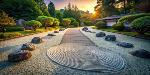 Wall Mural - Minimalist Path in Zen Garden at Dawn , serene ambiance, early morning,  serene ambiance, early morning, natural light