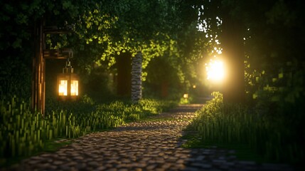 Poster - Sunlit cobblestone path through a lush forest with hanging lanterns.