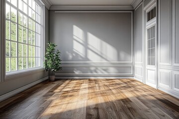 Wall Mural - A 3D rendering of a vintage modern living room with wood flooring and gray walls- creating an empty space with a minimalist aesthetic