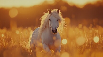 Poster - Majestic white horse running in sunset field.