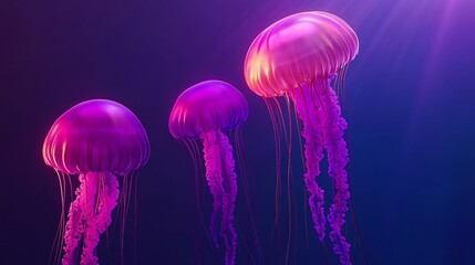 Poster - Three vibrant jellyfish illuminated underwater.