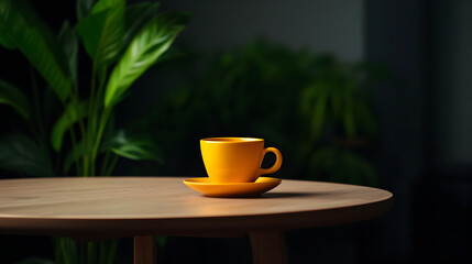 Yellow coffee cup resting on wooden saucer, blurred houseplants softening background, capturing peaceful morning stillness with warm, inviting ambiance