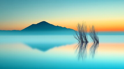 Poster - Serene sunrise over calm lake with mountain and silhouetted trees reflecting in tranquil water.