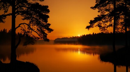 Poster - Misty sunrise over calm lake with silhouetted pines.