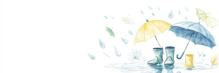 Aufkleber - Colorful rain boots and umbrellas with raindrops creating a playful atmosphere in a whimsical doodle style. Generative AI