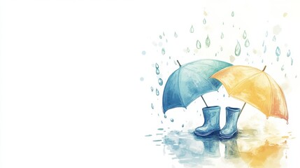 Poster - Playful doodle of colorful umbrellas and boots under a gentle rain shower with splashes and droplets depicted vividly. Generative AI