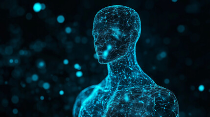 Glowing blue digital human body model isolated on a black background