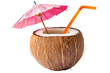© Prichachai - A coconut filled with refreshing liquid, topped with a colorful umbrella and a straw, offering a tropical drink experience.