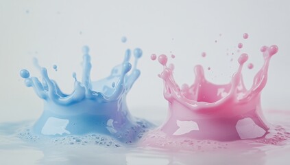 Wall Mural - two pink and blue water droplets that are splashing together. the colors are vibrant and the water d