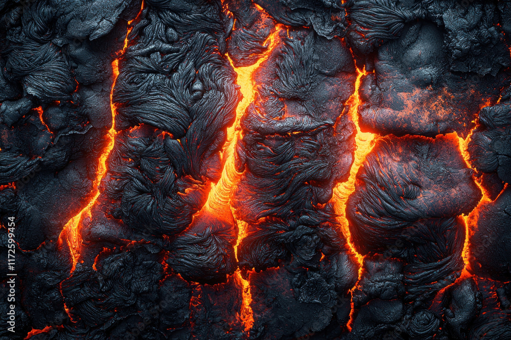Cracked lava surface with glowing fissures, volcanic eruption backdrop ...