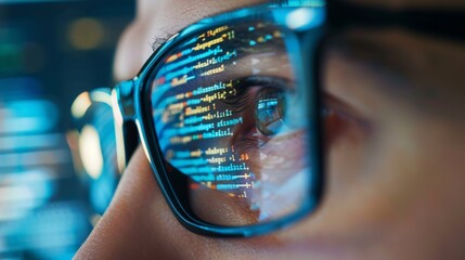 Close Up of Person with Glasses Reflecting Code