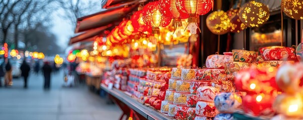 Wall Mural - Chinese new year festive markets concept. Rows of stalls selling zodiac-themed decorations, glowing red and gold lights emphasizing the festive spirit