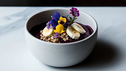 Wall Mural - Acai bowl with banana, granola, and edible flowers.