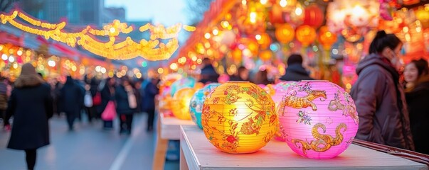 Wall Mural - Chinese new year festive markets concept. A bustling New Year market with vibrant zodiac displays and glowing lanterns lighting up the busy streets