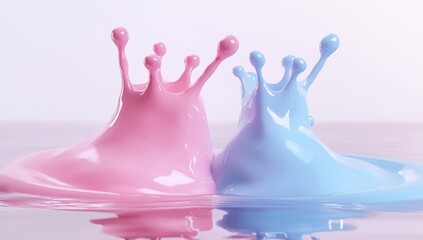 Wall Mural - two pink and blue water droplets that look like crowns. the pink one is on the left and the blue one
