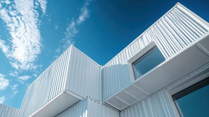 A white building with a blue sky in the background. The building has a lot of windows and a balcony