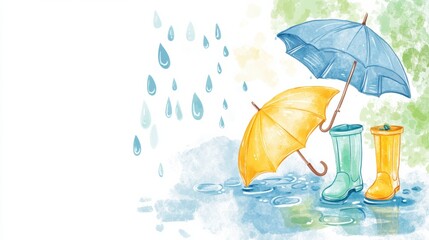 Poster - Colorful rainy doodle featuring boots and umbrellas in a playful atmosphere of childhood imagination. Generative AI