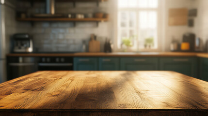 Wall Mural - Minimalist wooden kitchen table with blurred airy kitchen background, showcasing warm sunlight streaming through window, creating cozy atmosphere