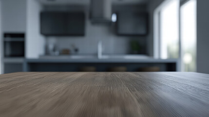 Wall Mural - close up view of wooden kitchen table with blurred contemporary kitchen in background, creating warm and inviting atmosphere