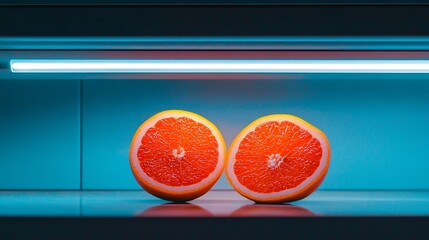 Wall Mural - Two grapefruit halves on shelf under neon light.