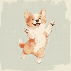 Poster - Joyful puppy jumps with excitement in a playful display of happiness in a light colored setting. Generative AI