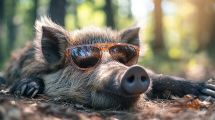 cool wild boar wearing sunglasses relaxing on forest ground.
