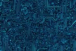 © Abstract - Abstract close-up of a glowing blue digital circuit board, showcasing intricate connections and technological design on a black background.