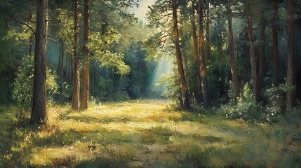15. calm forest scene with sunlight illuminating a patch of grass among tall trees