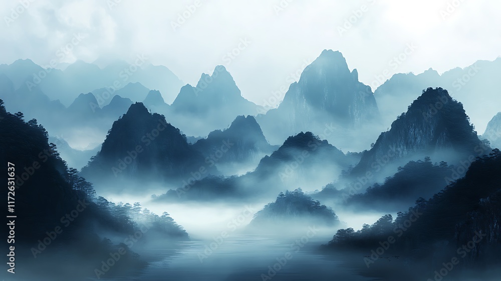 13. Silhouetted mountain range with layers of mist creating depth and ...