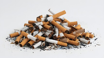 large pile of used cigarette butts with visible filters and ash, emphasizing the accumulation of cig