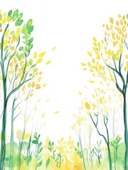 Leinwandbilder - Playful doodle of vibrant trees with green and yellow leaves in a whimsical forest setting during a sunny day. Generative AI