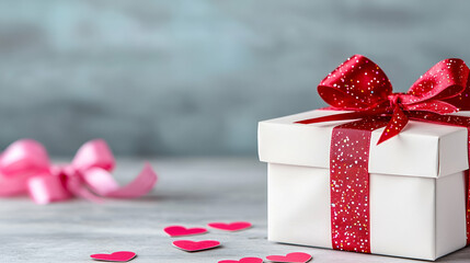 Poster - A beautifully wrapped gift box with a red bow, surrounded by pink heart decorations, set against a soft, blurred background.