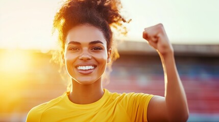 Female athlete poses powerfully at sunrise, promoting gender equality and women's empowerment at the stadium