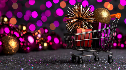 Poster - A festive shopping cart filled with colorful gifts and ornaments, set against a sparkling, bokeh background of pink and gold hues.