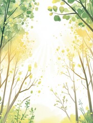Poster - Bright and cheerful doodle of a sunny forest with green leaves and soft hues, evoking a sense of playfulness and tranquility. Generative AI