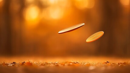 Poster - Two flying discs levitate above autumn leaves in a sunlit forest.