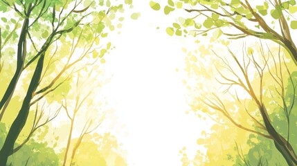 Poster - Doodle of lush trees and sunlight filtering through branches creating a serene, playful atmosphere in a vibrant forest setting. Generative AI