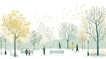 Aufkleber - Winter wonderland park filled with playful doodles of people enjoying a snowy day among trees. Generative AI