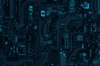 © Abstract - Abstract close-up of a glowing blue digital circuit board, showcasing intricate connections and technological design on a black background.