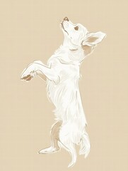 Poster - Joyful puppy illustrated standing on its hind legs in a playful pose against a soft beige background. Generative AI
