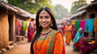 © Wabisabi - Bellissima giovane donna indiana sorridente con capelli lunghi neri vestita con abiti tradizionali posa per una foto in strada in un villaggio in India