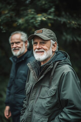 Wall Mural - Two happy men in their fifties wearing outdoor clothes hiking in a forest.