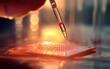 © Ytnart - A close-up shot of a scientist's hand holding a dropper, dispensing a fluid onto a microscopic slide