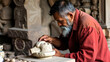© Nicholas - An experienced craftsman focuses on intricate stone carving, reflecting precision, patience, and dedication to preserving ancient artistic expressions and creativity.