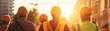 © Ytnart - A group of construction workers wearing safety helmets and vests stands together at sunset. The warm sunlight casts a golden hue, highlighting teamwork in the construction field.