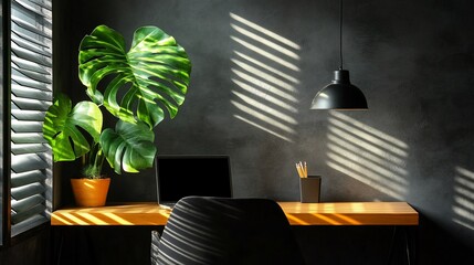 Poster - Sunlit home office desk with monstera plant.