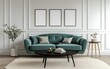 © AdibaZR - Teal velvet sofa in elegant living room, white walls, modern decor. Use Interior design inspiration.
