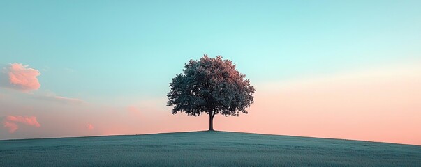 Poster - Minimal skies concept. Beautiful solitary tree on a hill under a pastel sky at sunset, symbolizing tranquility.